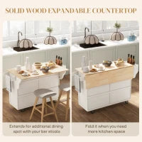 HOMCOM Kitchen Island with Storage, Rolling Kitchen Island with Drop Leaf, Rubber Wood Top and Adjustable Shelves, Cream White | Aosom Canada