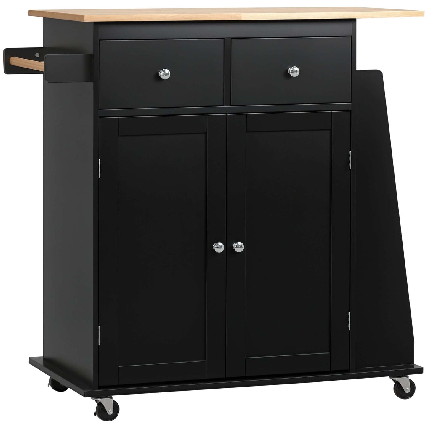 HOMCOM Rolling Kitchen Island Trolley Storage Cart with Rubber Wood Top, 3-Tier Spice Rack, Towel Rack Home Kitchen Carts, Black