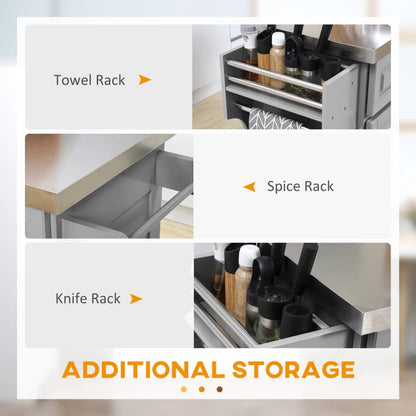HOMCOM Rolling Kitchen Island with Storage and Stainless Steel Top, Kitchen Trolley with Drawers, Cabinets, Towel Rack | Aosom Canada