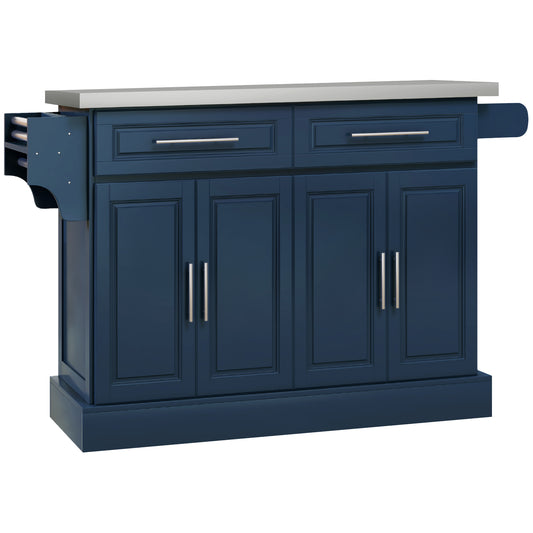 HOMCOM Rolling Kitchen Island with Storage and Stainless Steel Top, Kitchen Trolley with Drawers, Cabinets, Towel Rack, Blue | Aosom Canada