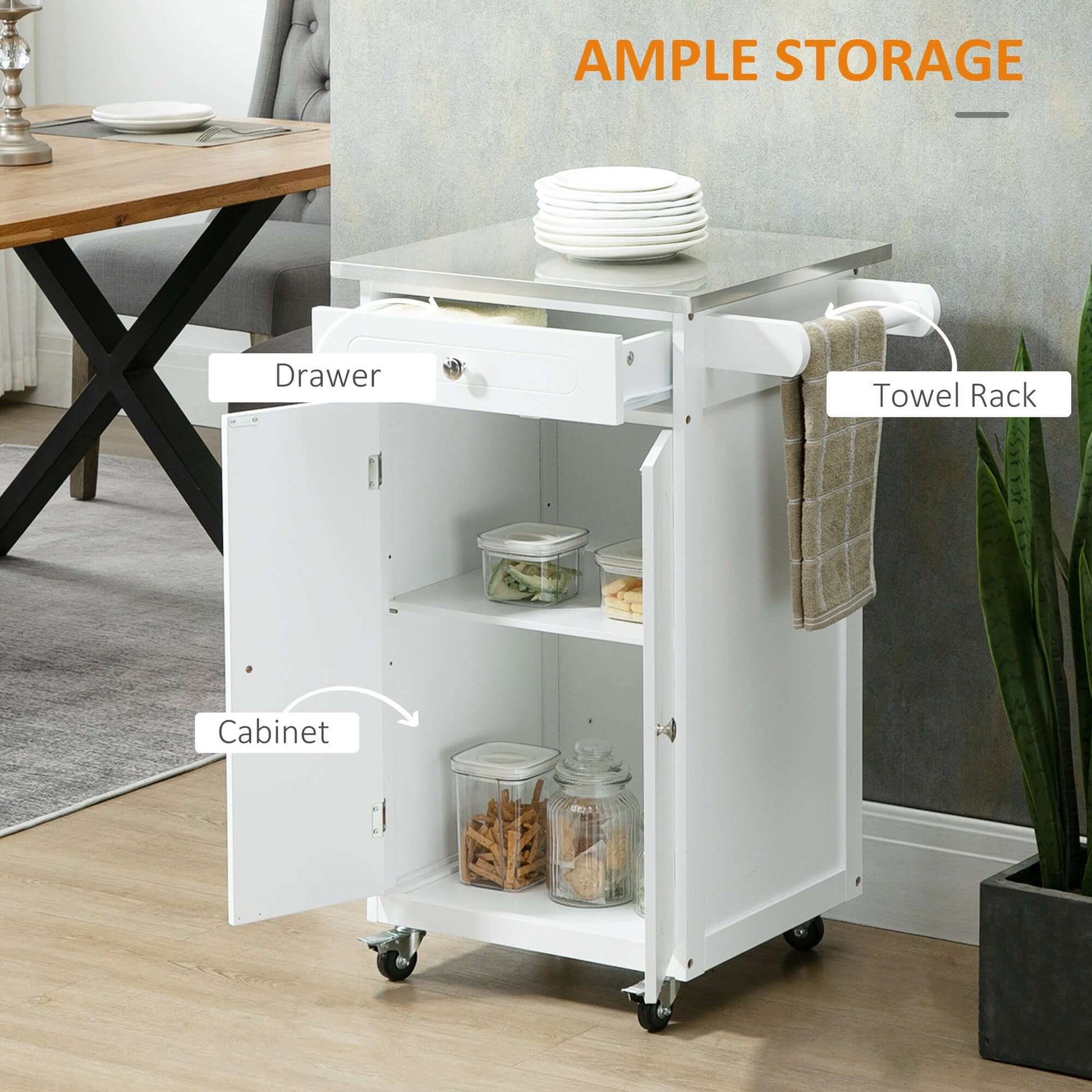 HOMCOM Kitchen Cart, Small Kitchen Island, Stainless Steel Top Utility Trolley on Wheels with Storage Drawer for Dining Room, Kitchen (White)