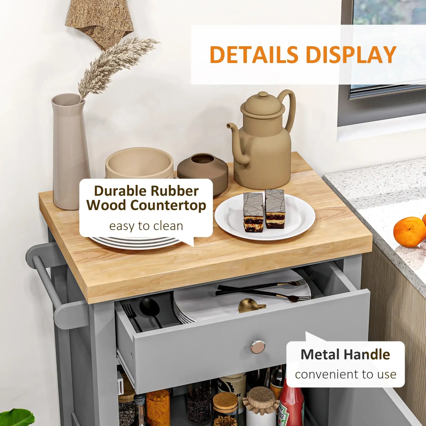 HOMCOM Kitchen Cart on Wheels, Rolling Kitchen Island Cart with Wood Top, Towel Rack, Drawer and Shelf for Dining Area, Grey