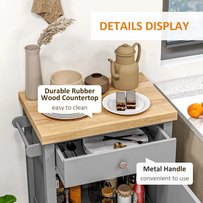HOMCOM Kitchen Cart on Wheels, Rolling Kitchen Island Cart with Wood Top, Towel Rack, Drawer and Shelf for Dining Area, Grey