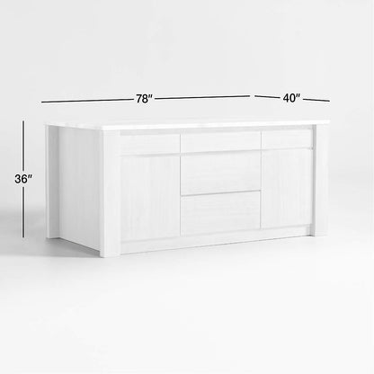 Terra 78" Marble Top and Natural Oak Wood Kitchen Island with Storage