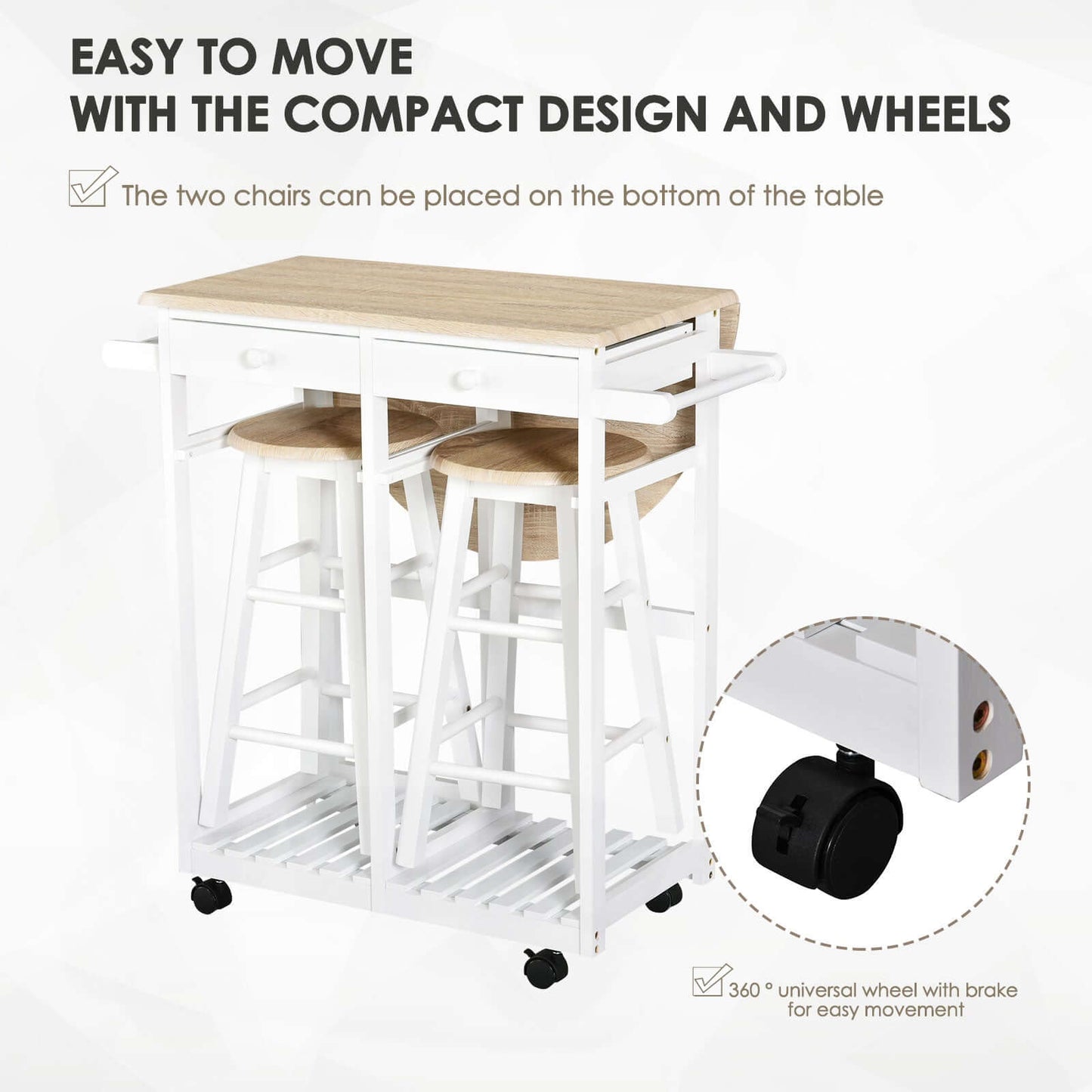 HOMCOM Kitchen Trolley 3 Piece Kitchen Cart Set Drop Leaf Breakfast Table and 2 Stools w/ Rolling Wheels & Towel Bars, Wood & White
