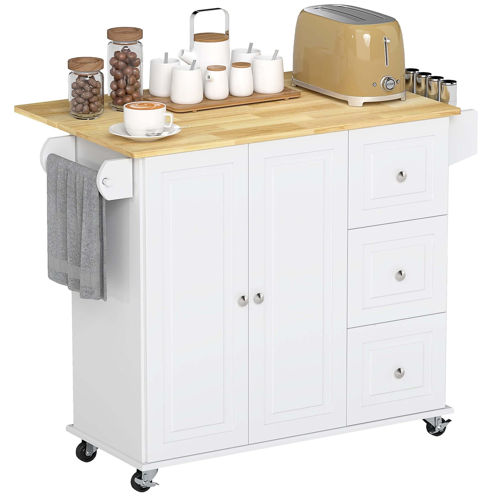 HOMCOM Kitchen Island on Wheels, Kitchen Cart with Drop Leaf, Drawers, Storage Racks, Rubberwood Top, White