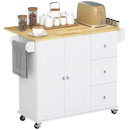 HOMCOM Kitchen Island on Wheels, Kitchen Cart with Drop Leaf, Drawers, Storage Racks, Rubberwood Top, White