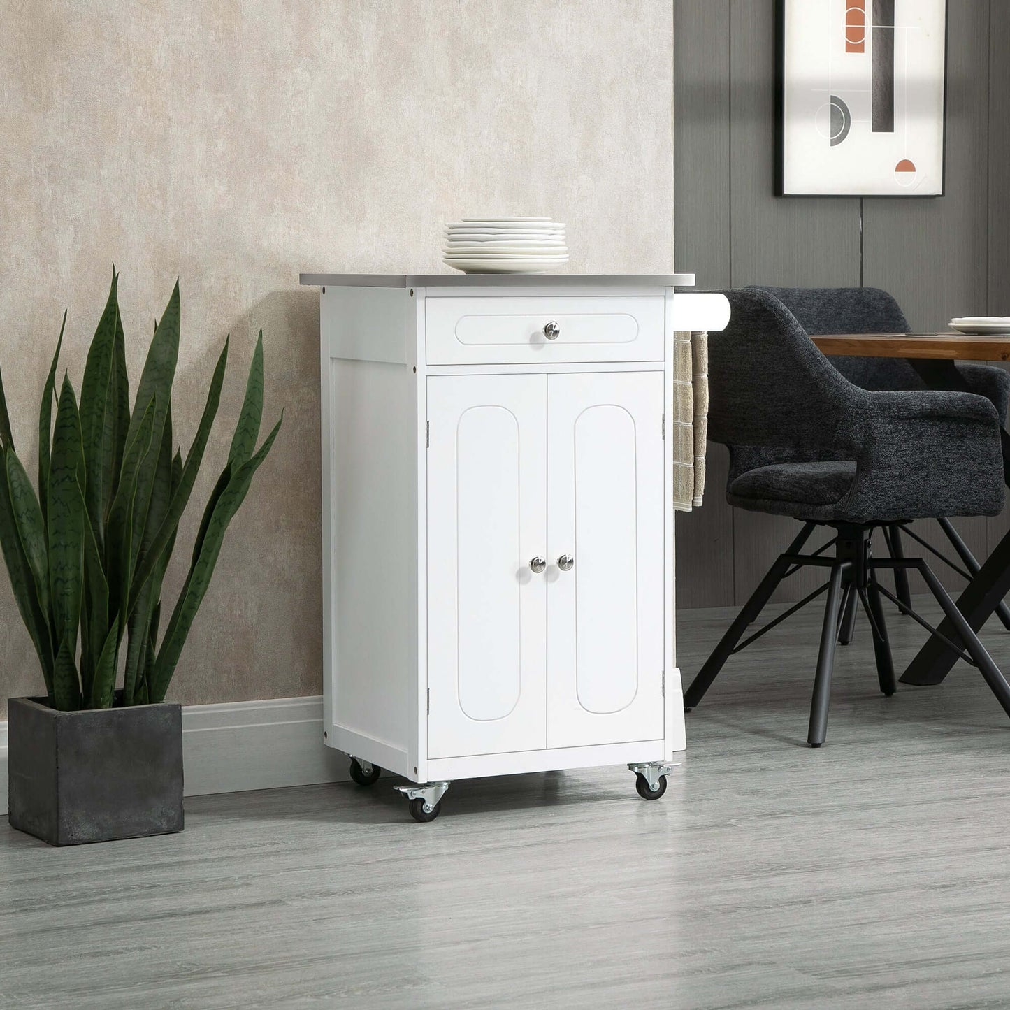 HOMCOM Kitchen Cart, Small Kitchen Island, Stainless Steel Top Utility Trolley on Wheels with Storage Drawer for Dining Room, Kitchen (White)