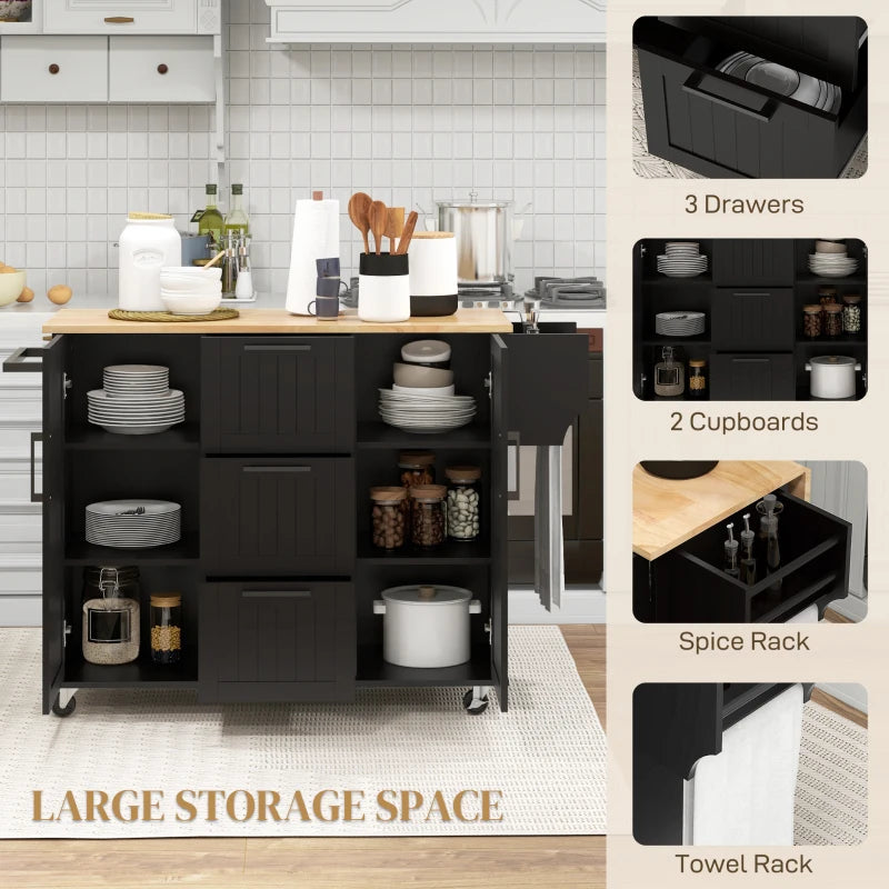 HOMCOM Rolling Kitchen Cart on Wheels with Drop Leaf, Kitchen Island with 3 Drawers, Solid Wood Top and Towel Rack, Black | Aosom Canada