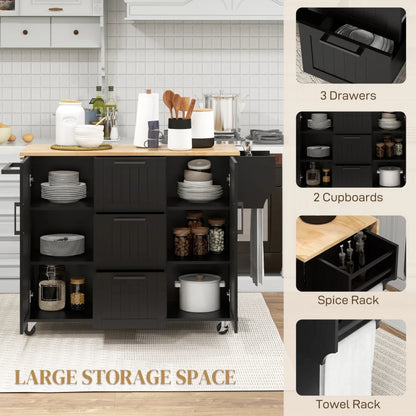 HOMCOM Rolling Kitchen Cart on Wheels with Drop Leaf, Kitchen Island with 3 Drawers, Solid Wood Top and Towel Rack, Black | Aosom Canada