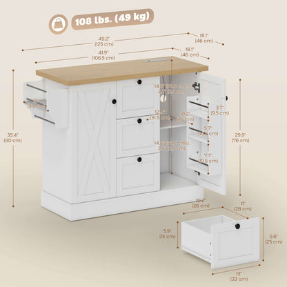 HOMCOM Farmhouse Kitchen Island Cart with Power Outlet and Soft-Close Doors, 49" Kitchen Island with 3 Drawers, White
