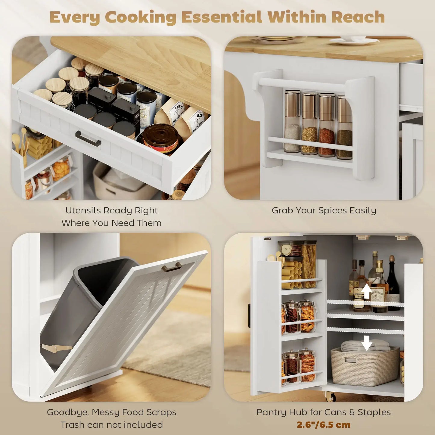 HOMCOM Kitchen Island Cart, Portable Kitchen Island Table with Charging Station, Rubber Wood Drop Leaf, Trash Storage, White