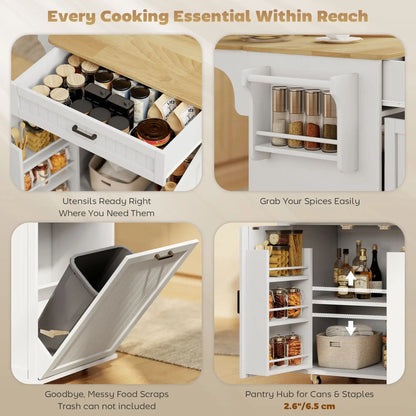 HOMCOM Kitchen Island Cart, Portable Kitchen Island Table with Charging Station, Rubber Wood Drop Leaf, Trash Storage, White