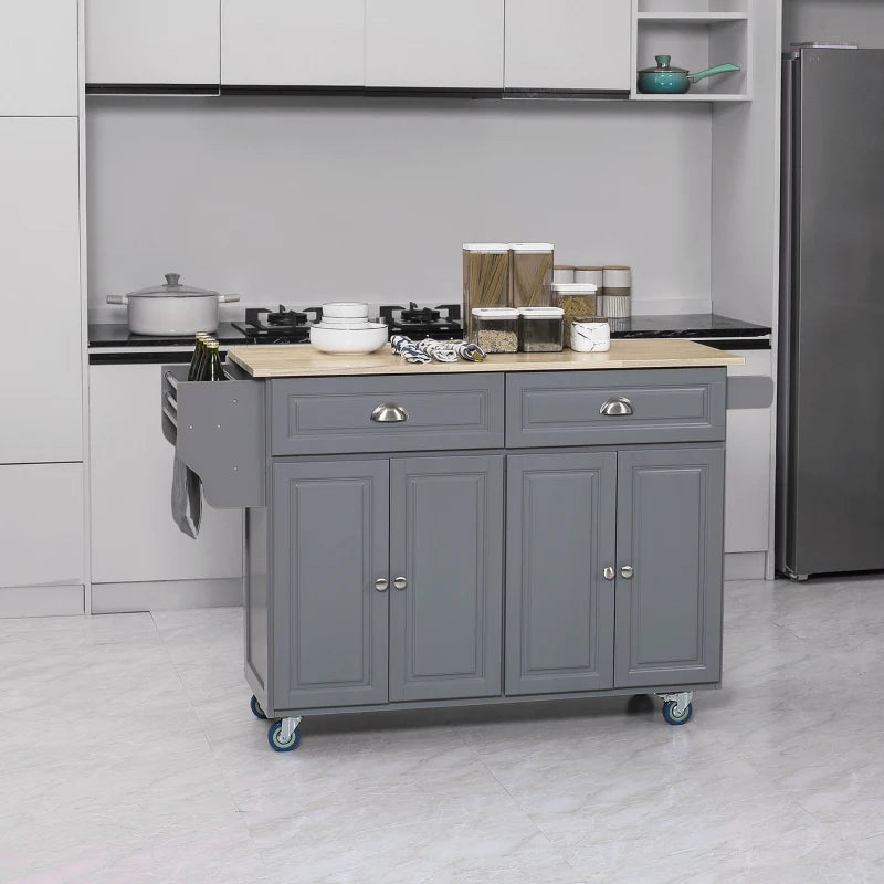 HOMCOM Rolling Kitchen Island: Drop-Leaf Wood Top, Drawers & Cabinets for Extra Storage, Grey | Aosom Canada