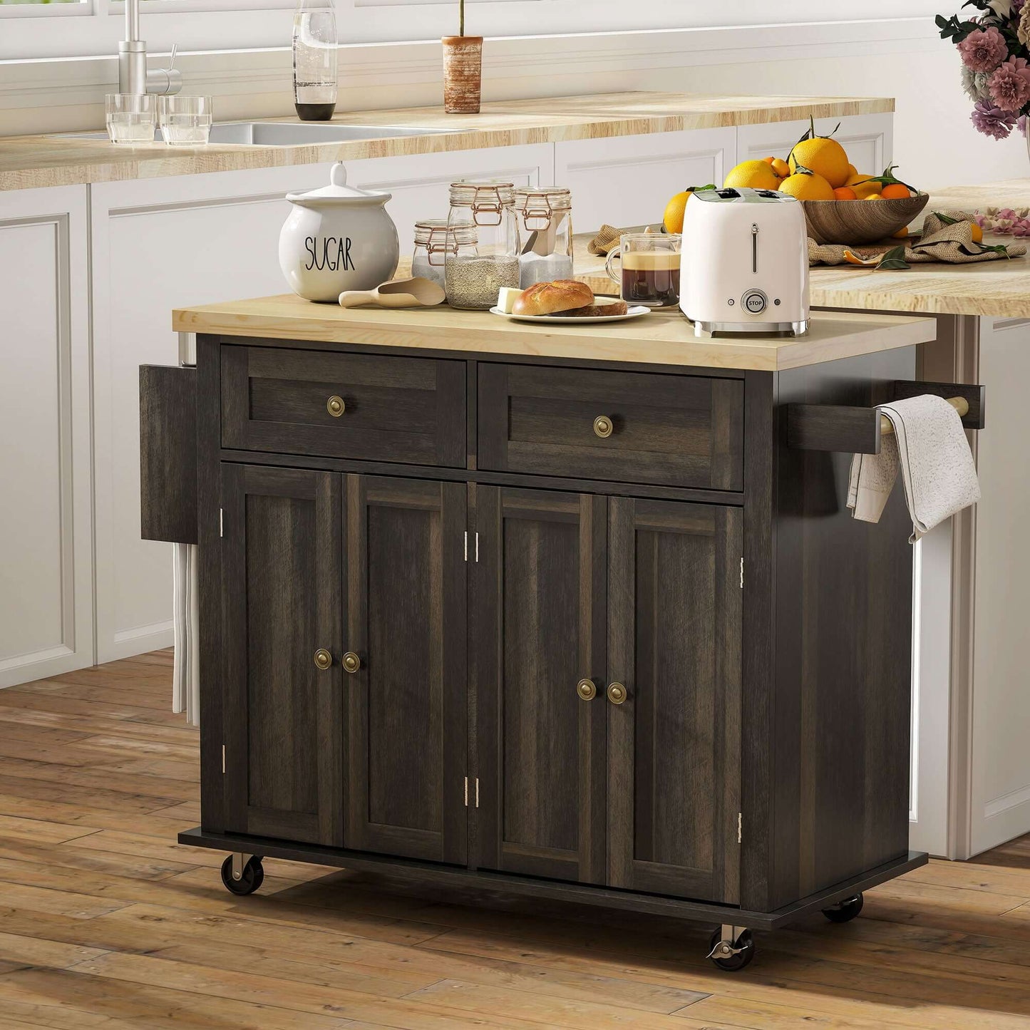 HOMCOM Kitchen Island with Storage, Rolling Trolley Cart with Rubber Wood Top, Spice Rack, Towel Rack, Brown Oak