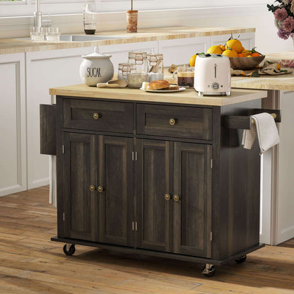 HOMCOM Kitchen Island with Storage, Rolling Trolley Cart with Rubber Wood Top, Spice Rack, Towel Rack, Brown Oak