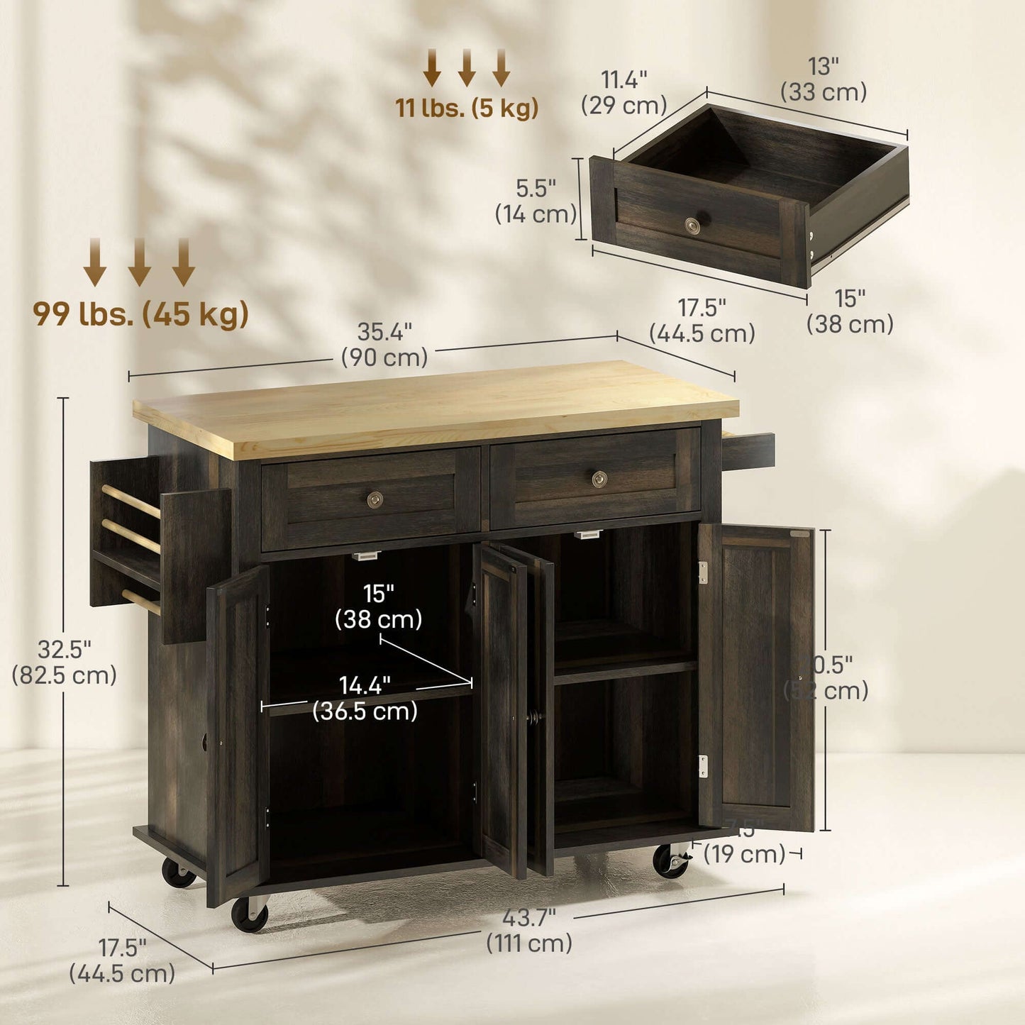 HOMCOM Kitchen Island with Storage, Rolling Trolley Cart with Rubber Wood Top, Spice Rack, Towel Rack, Brown Oak