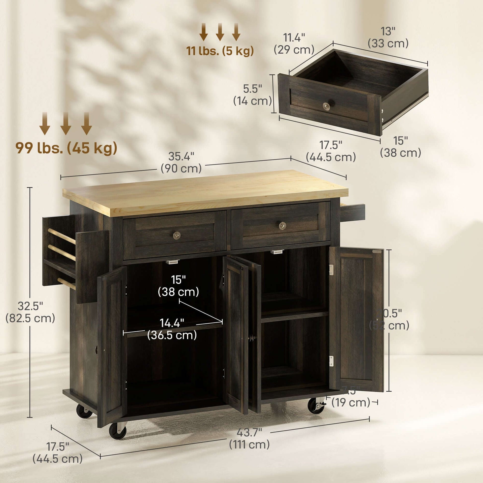 HOMCOM Kitchen Island with Storage, Rolling Trolley Cart with Rubber Wood Top, Spice Rack, Towel Rack, Brown Oak