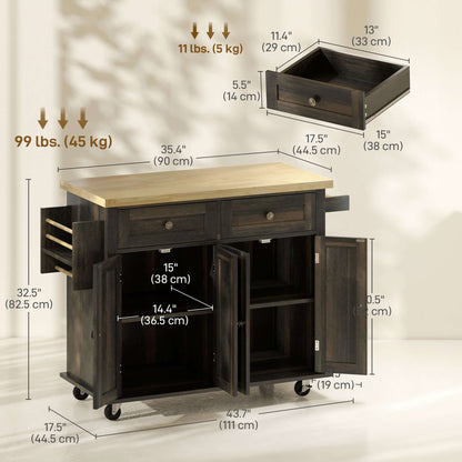HOMCOM Kitchen Island with Storage, Rolling Trolley Cart with Rubber Wood Top, Spice Rack, Towel Rack, Brown Oak