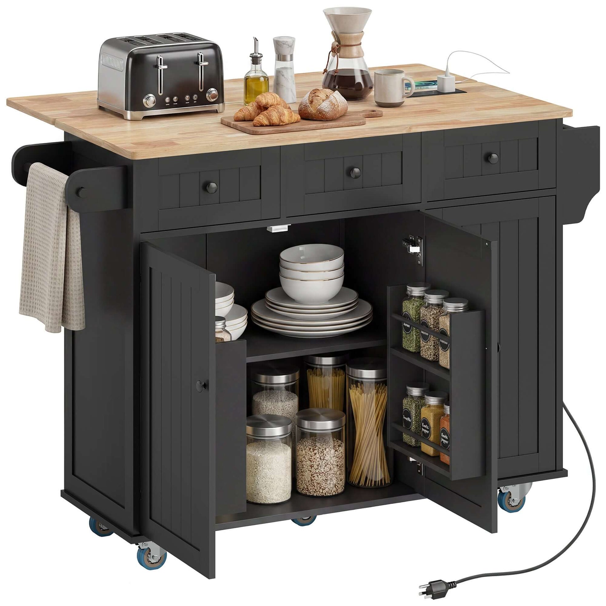 HOMCOM Kitchen Island on Wheels with Drop Leaf, Charging Station, Rolling Kitchen Cart with Wood Top, Adjustable Shelf, Black