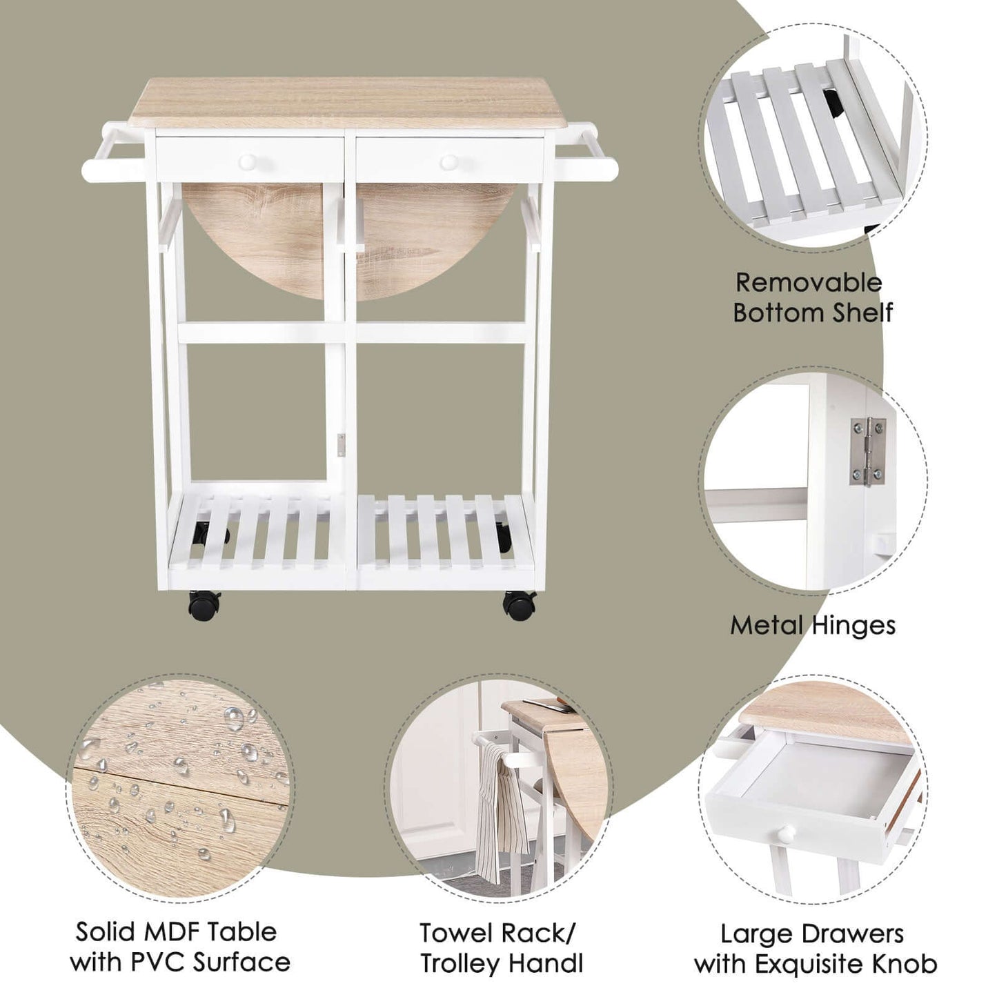 HOMCOM Kitchen Trolley 3 Piece Kitchen Cart Set Drop Leaf Breakfast Table and 2 Stools w/ Rolling Wheels & Towel Bars, Wood & White