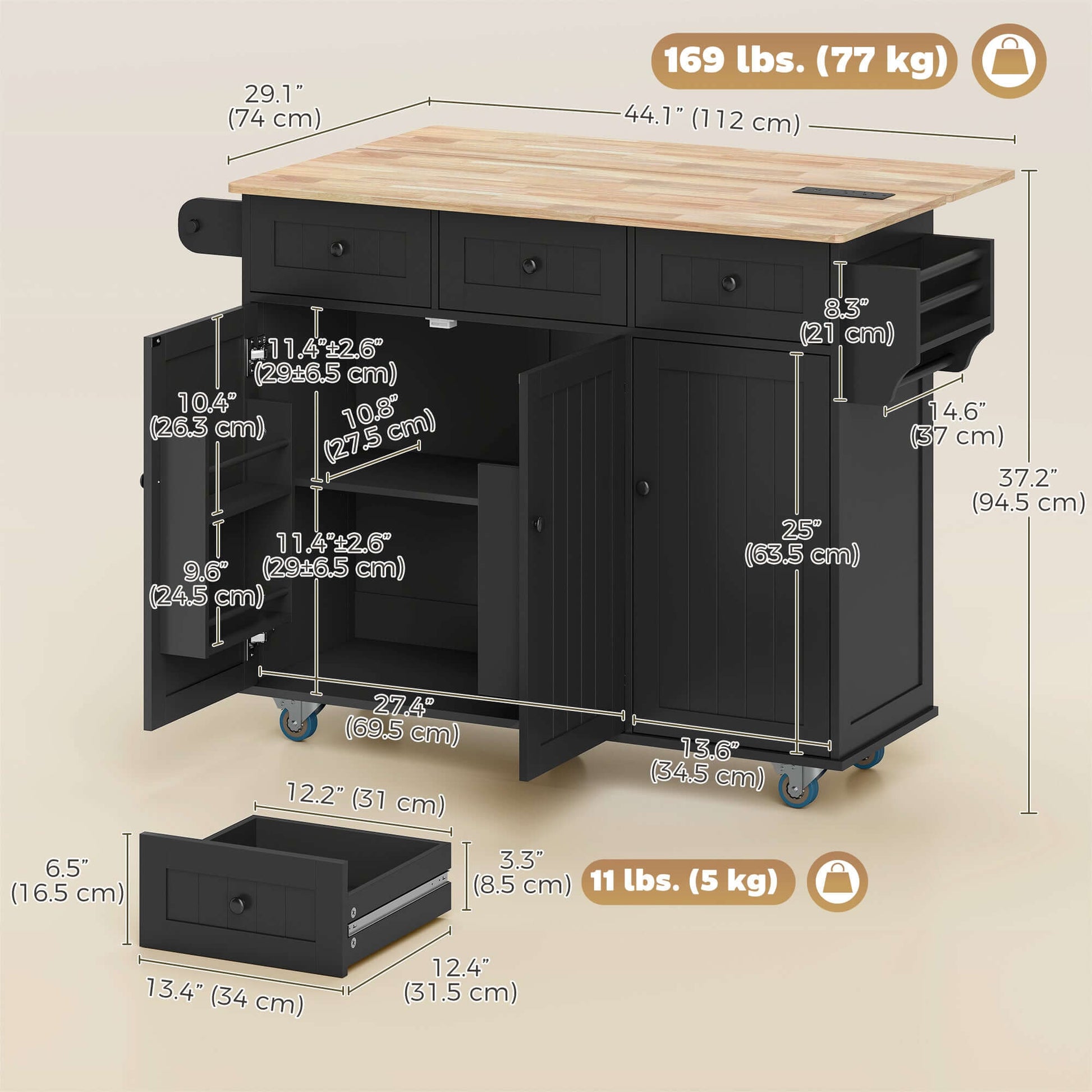 HOMCOM Kitchen Island on Wheels with Drop Leaf, Charging Station, Rolling Kitchen Cart with Wood Top, Adjustable Shelf, Black