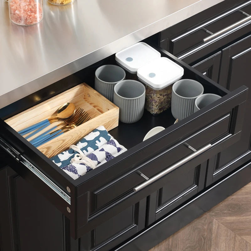 HOMCOM Portable Kitchen Island Rolling Cart Stainless Steel Top Storage Spice Rack Drawers Cabinets Black | Aosom Canada