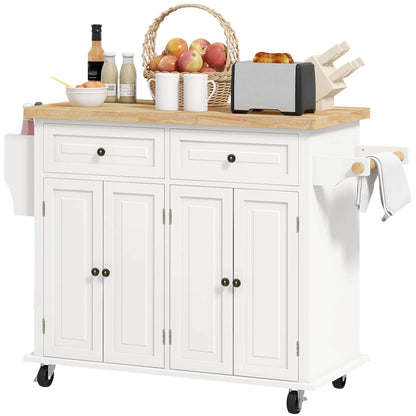HOMCOM Kitchen Island with Storage, Rolling Trolley Cart with Rubber Wood Top, Spice Rack, Towel Rack, Cream White