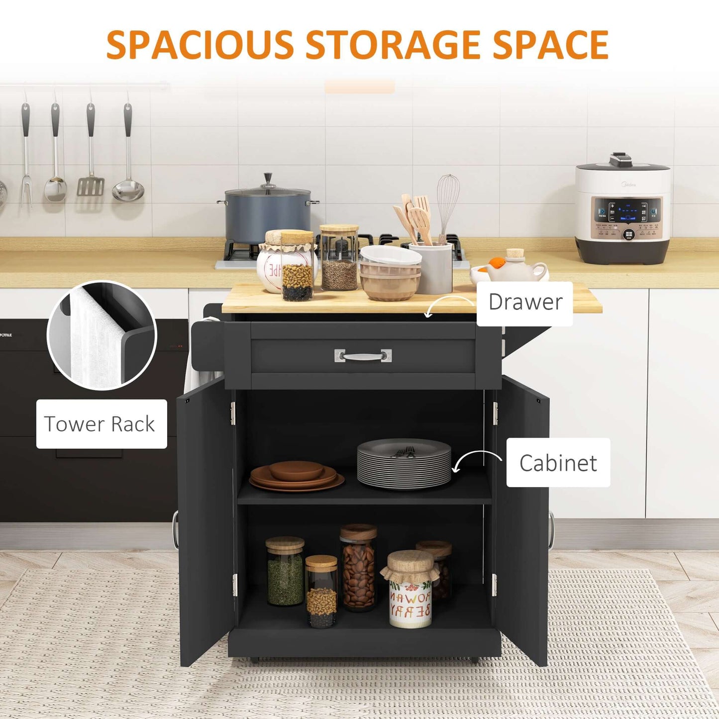 HOMCOM Foldable Kitchen Island with Storage Drawer, Farmhouse Rolling Utility Cart on Wheels with Drop-Leaf Wood Top, Black