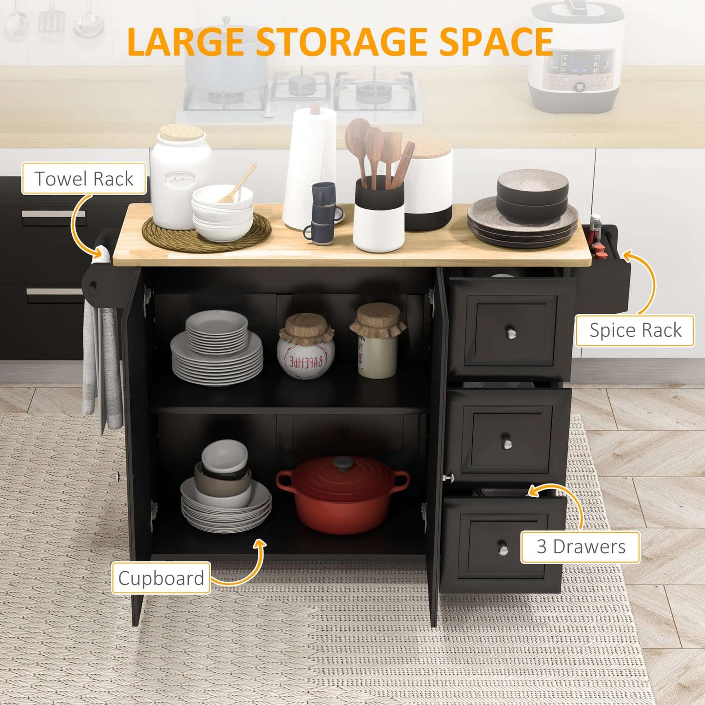 HOMCOM Kitchen Island on Wheels, Kitchen Cart with Drop Leaf, Drawers, Black