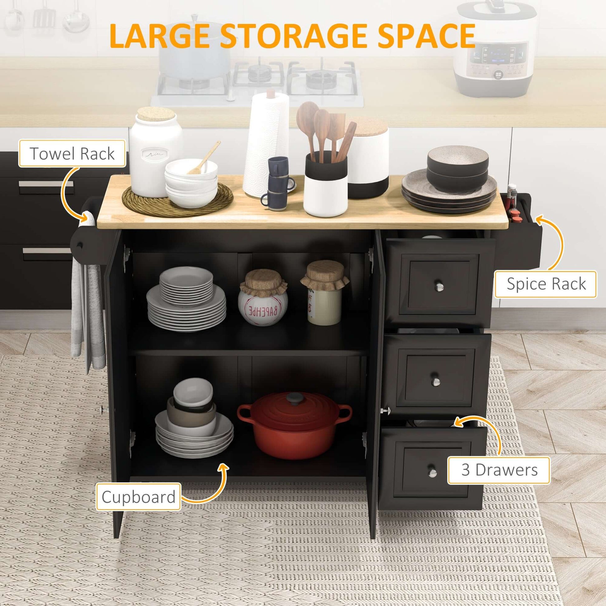 HOMCOM Kitchen Island on Wheels, Kitchen Cart with Drop Leaf, Drawers, Black