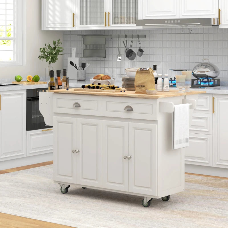 HOMCOM Kitchen Island with Storage, Rolling Kitchen Island with Drop Leaf, Rubber Wood Top and Adjustable Shelves, Cream White | Aosom Canada