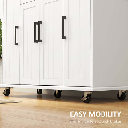 HOMCOM Modern Rolling Kitchen Island Cart with Drawers, Natural Wood Top, Towel Rack, Door Storage Cabinet, White