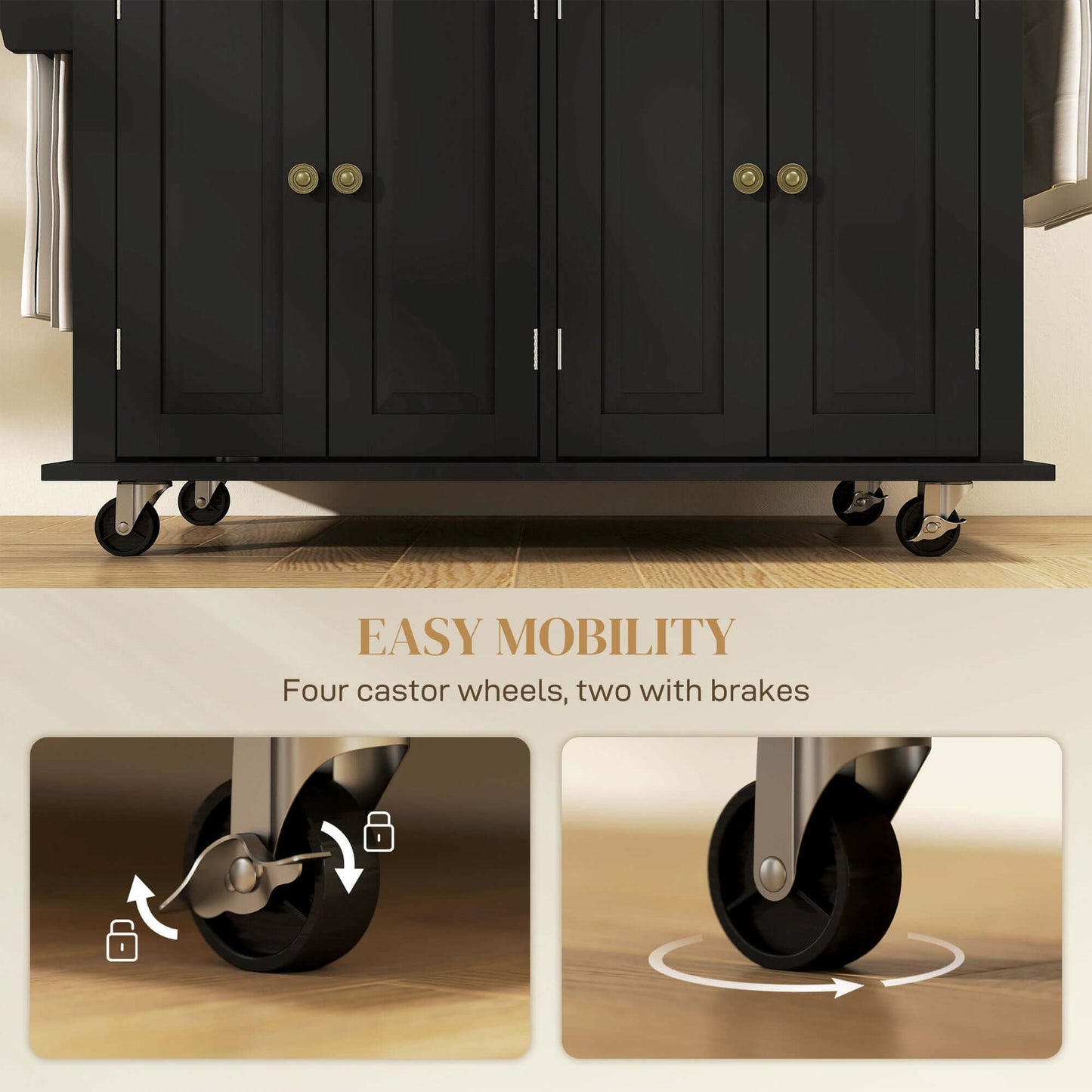 HOMCOM Rolling Kitchen Island with Rubber Wood Top and Storage, Spice Rack, Towel Rack, Black