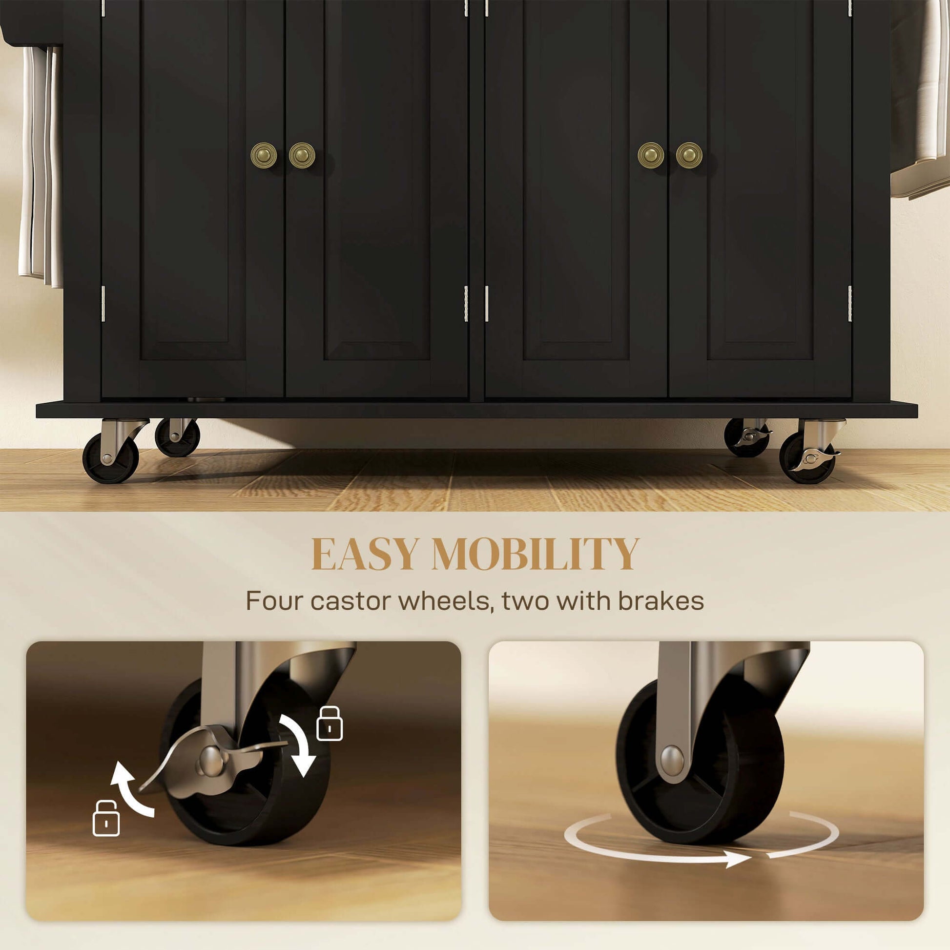HOMCOM Rolling Kitchen Island with Rubber Wood Top and Storage, Spice Rack, Towel Rack, Black