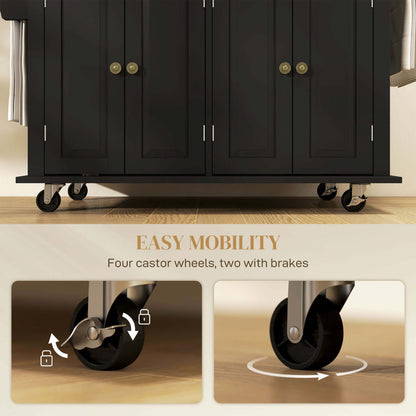 HOMCOM Rolling Kitchen Island with Rubber Wood Top and Storage, Spice Rack, Towel Rack, Black