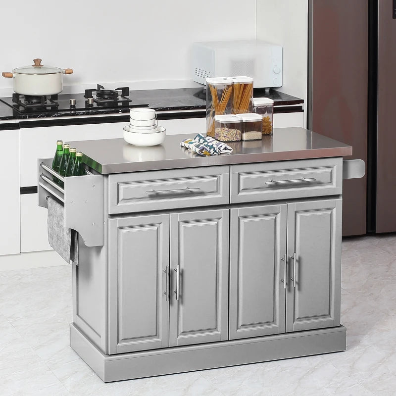 HOMCOM Rolling Kitchen Island with Storage and Stainless Steel Top, Kitchen Trolley with Drawers, Cabinets, Towel Rack | Aosom Canada
