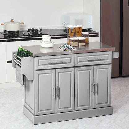 HOMCOM Rolling Kitchen Island with Storage and Stainless Steel Top, Kitchen Trolley with Drawers, Cabinets, Towel Rack | Aosom Canada
