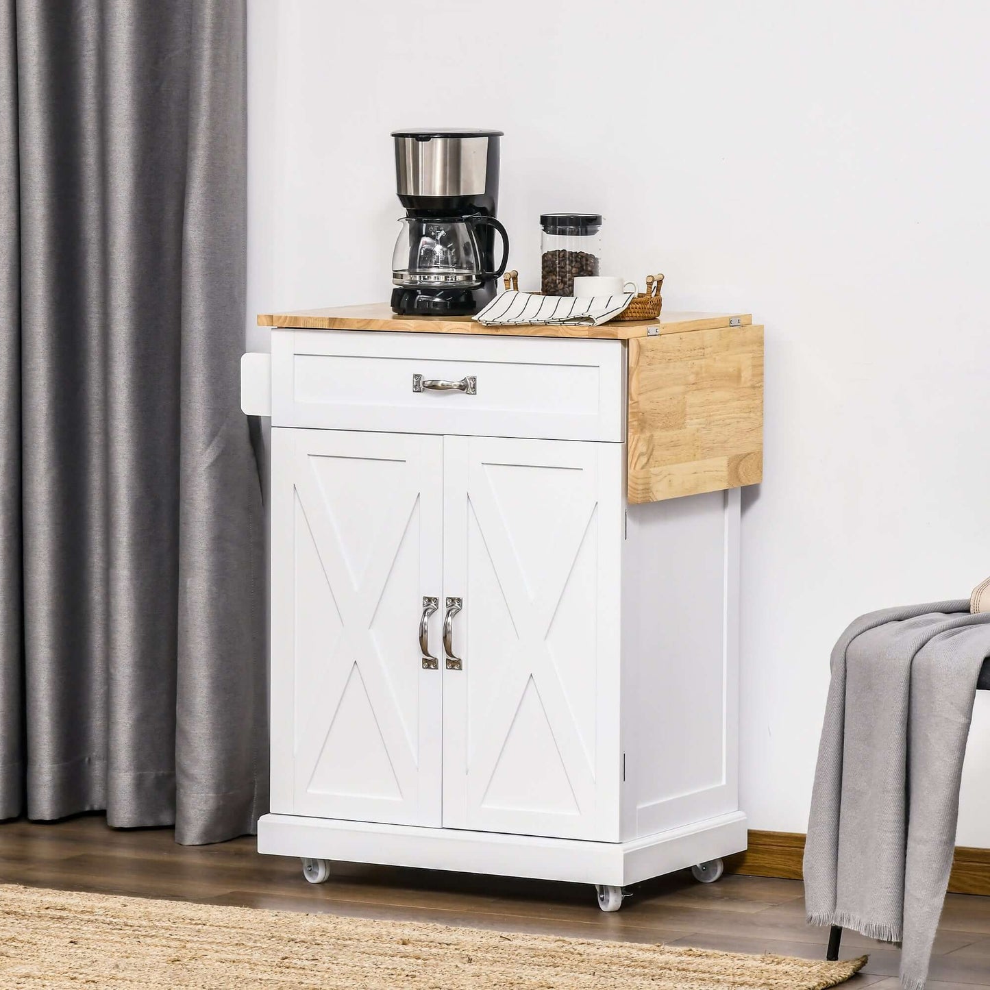 HOMCOM Foldable Kitchen Island with Storage Drawer, Farmhouse Style Rolling Utility Cart, Coffee Bar Cabinet on Wheels with Drop-Leaf Wood Top, White