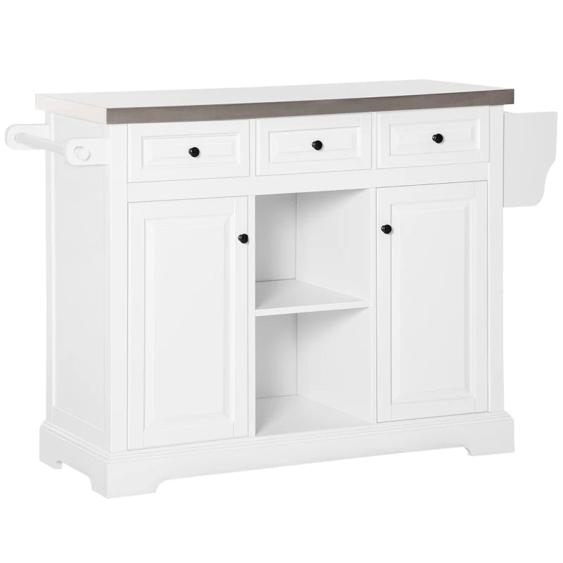 HOMCOM Versatile Kitchen Workstation: Rolling Island Cart with Stainless Steel Top, Spice Rack, Drawers & White Finish | Aosom Canada