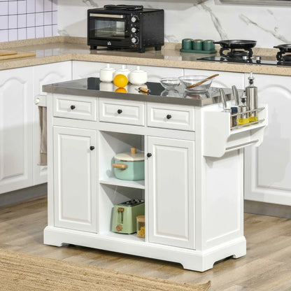 HOMCOM Versatile Kitchen Workstation: Rolling Island Cart with Stainless Steel Top, Spice Rack, Drawers & White Finish | Aosom Canada