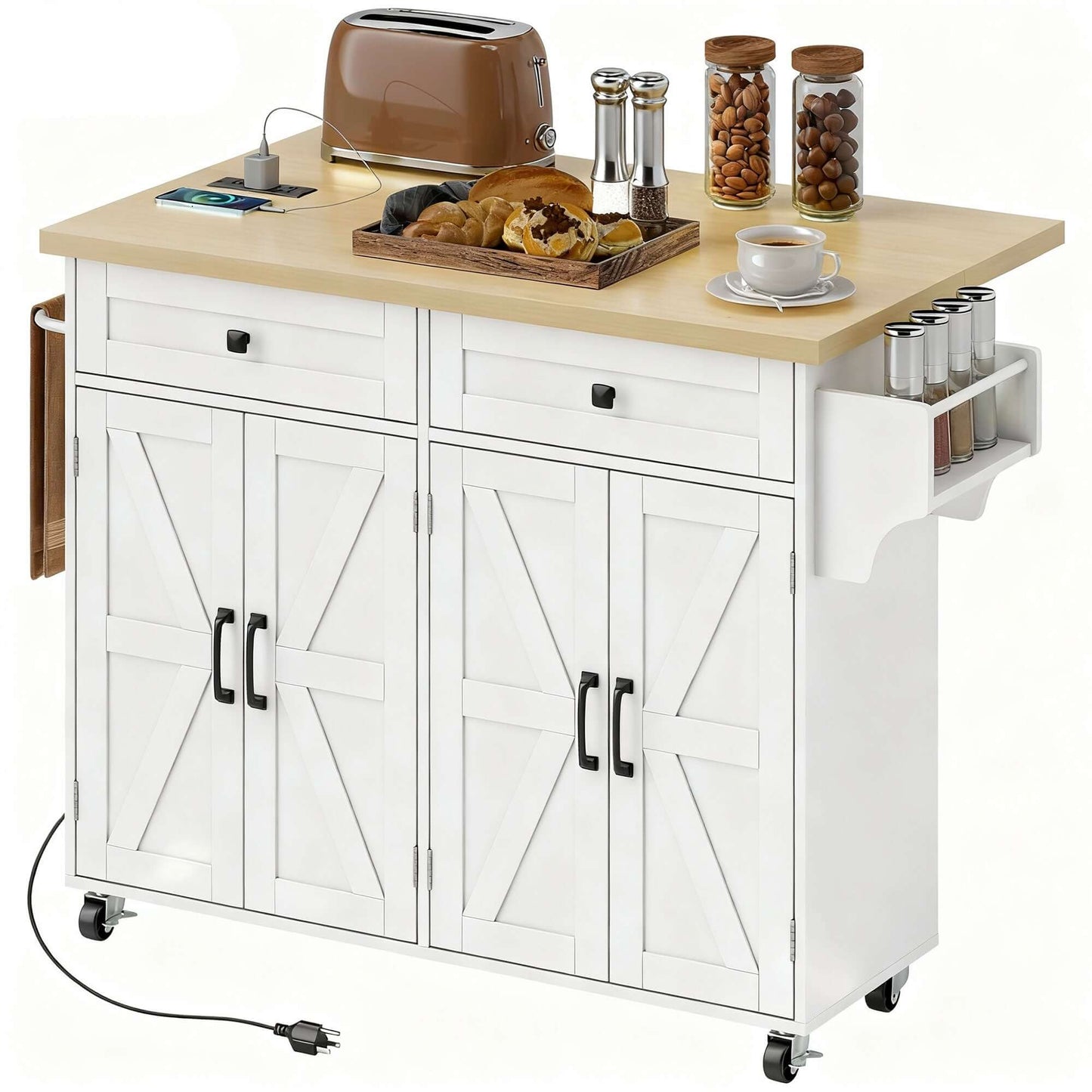 HOMCOM Kitchen Island with Storage, Rolling Kitchen Cart with Charging Station, Drop Leaf, Spice Rack, Towel Rack, Drawers
