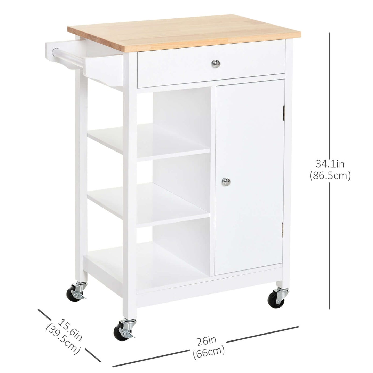 HOMCOM Modern Rolling Kitchen Island Cart with Drawer, Natural Wood Top, Towel Rack, Door Storage Cabinet, White