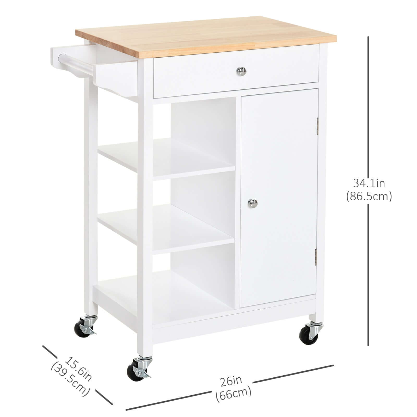 HOMCOM Modern Rolling Kitchen Island Cart with Drawer, Natural Wood Top, Towel Rack, Door Storage Cabinet, White