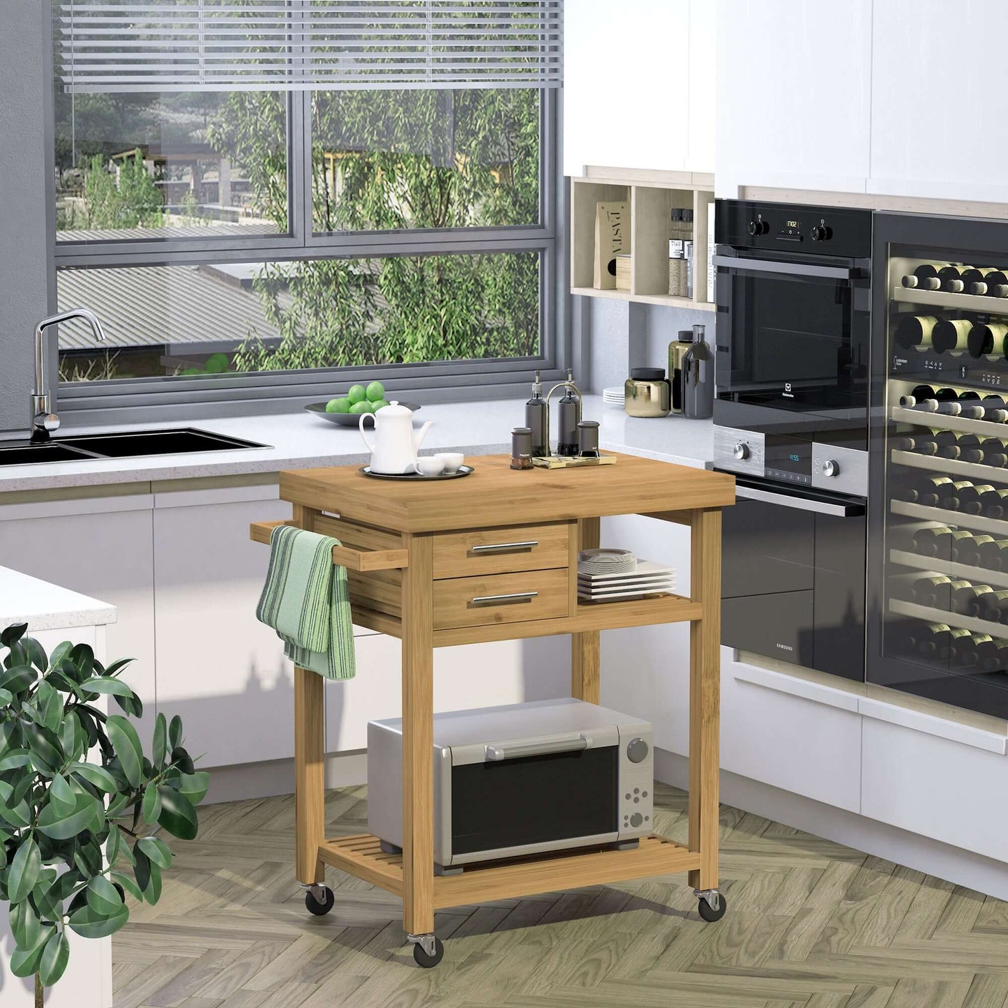 HOMCOM Bamboo Rolling Kitchen Island Trolley with Drawers & Shelves