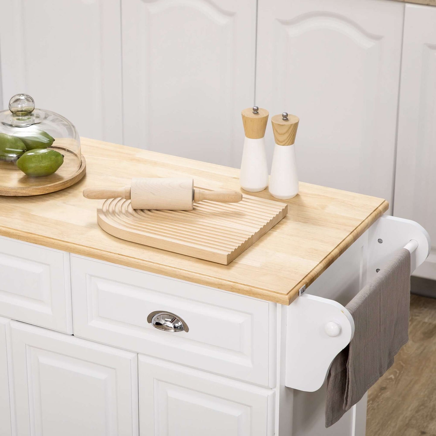 HOMCOM Kitchen Island With Storage Rolling Kitchen Serving Cart with Rubber Wood Top Towel Rack Storage Drawer Cabinet, White