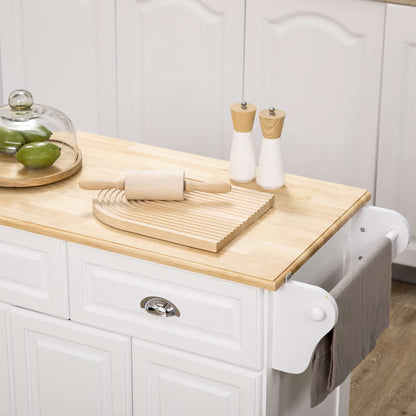 HOMCOM Kitchen Island With Storage Rolling Kitchen Serving Cart with Rubber Wood Top Towel Rack Storage Drawer Cabinet, White