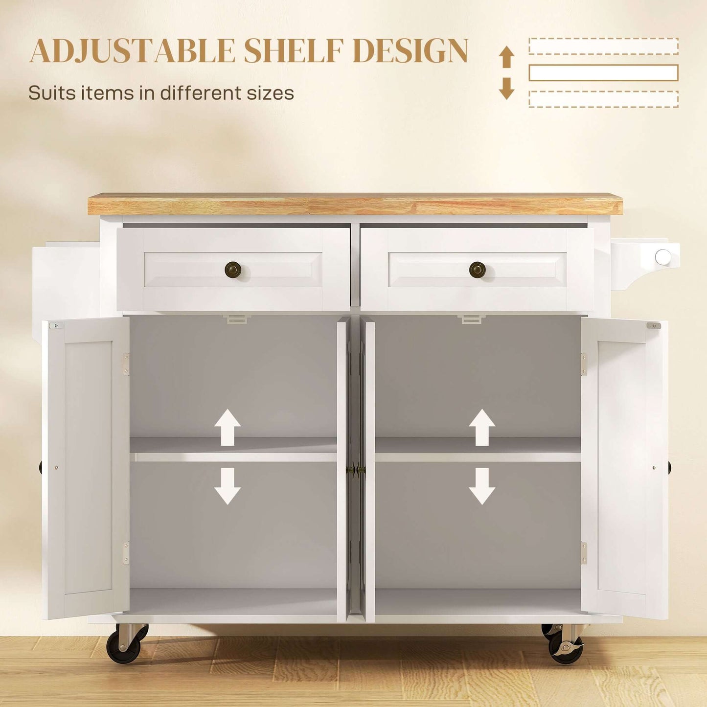 HOMCOM Kitchen Island with Storage, Rolling Trolley Cart with Rubber Wood Top, Spice Rack, Towel Rack, Grey