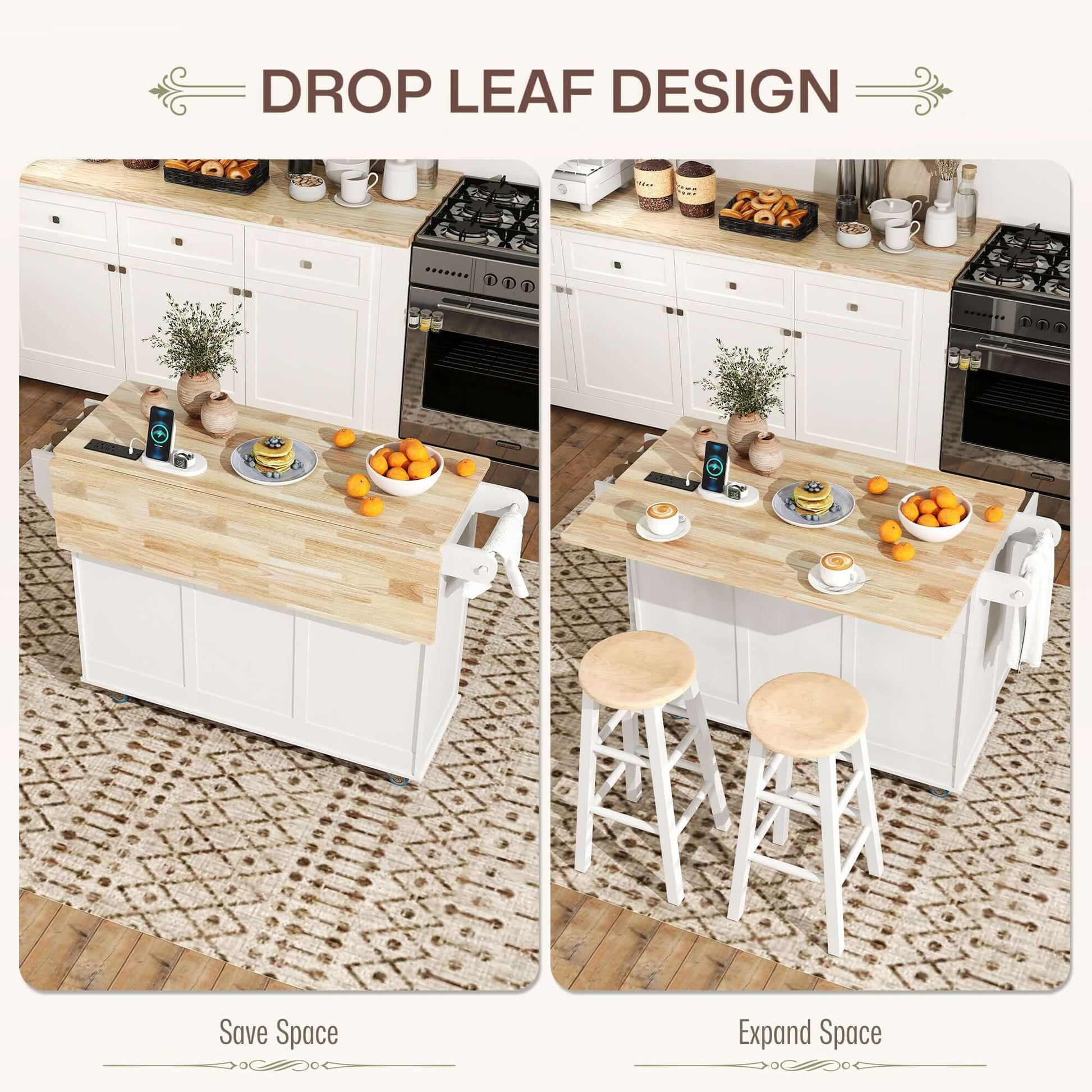 HOMCOM Kitchen Island on Wheels with Drop Leaf, Charging Station, Rolling Kitchen Cart with Wood Top, Adjustable Shelf, White