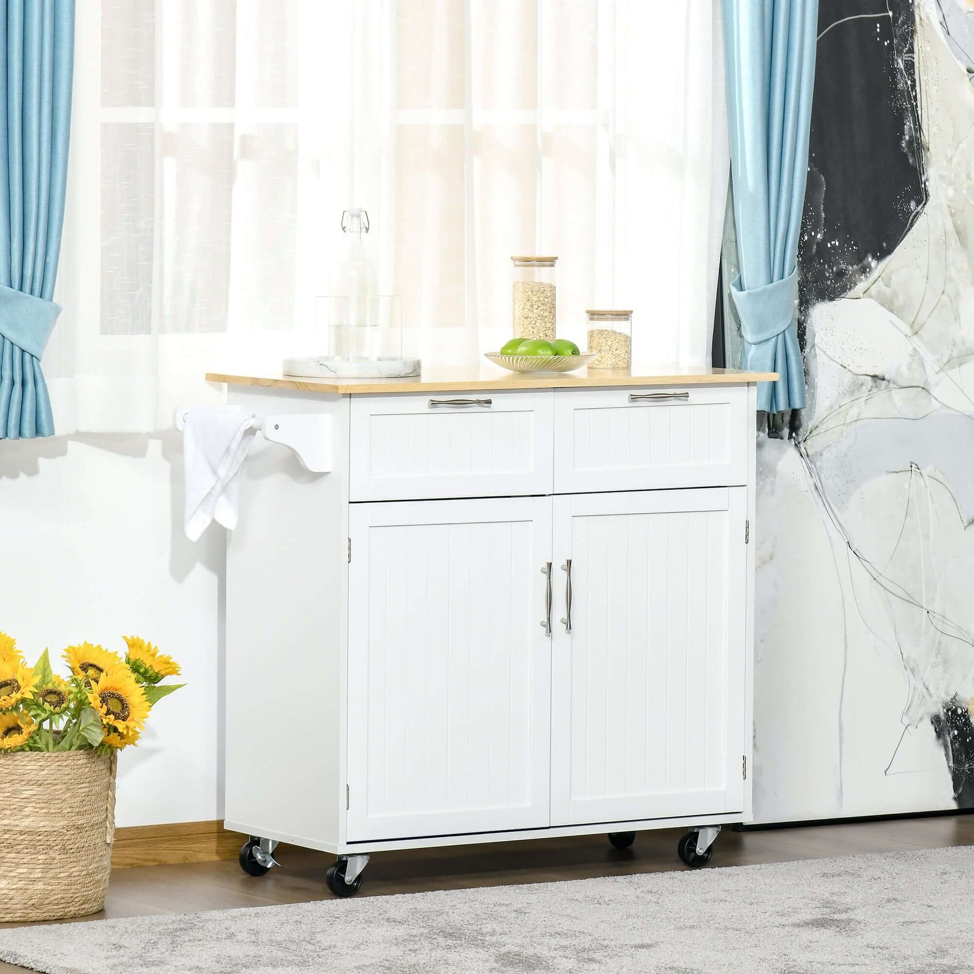 HOMCOM Rolling Kitchen Island with Storage Drawers, Kitchen Cart with Rubber Wood Top, Cabinet & Towel Rack, White